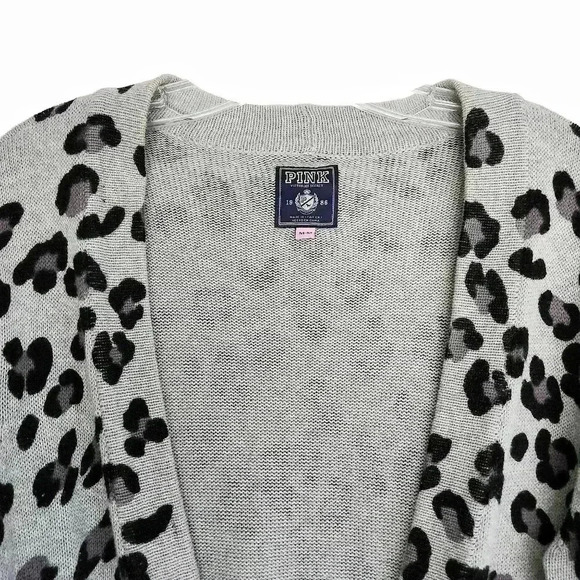 Victoria’s Secret PINK Leopard Boyfriend Cardigan Women M Gray Long Cotton - Picture 3 of 12